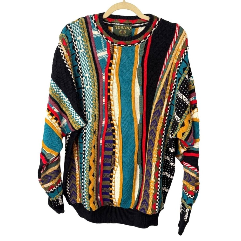 Vintage Tosani Mens Size L Coogi-Style Sweater 3D Striped 90s Canada Knit